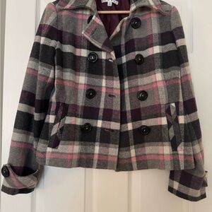 CAbi Gray and Pink Plaid Peacoat